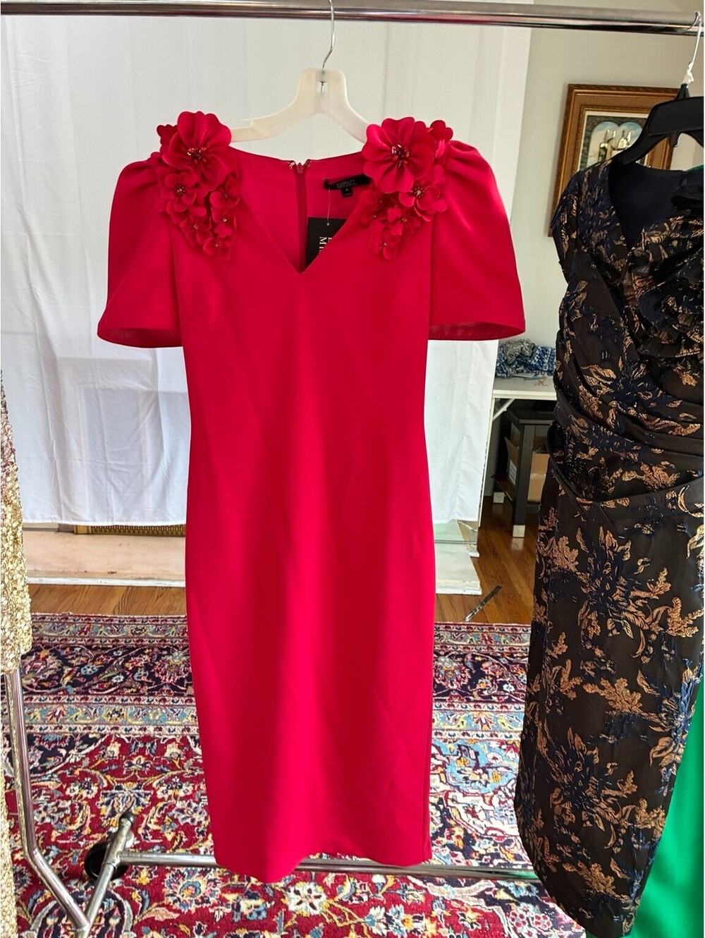 Badgley Mischka 3D Floral Beaded Shoulder Puff Sleeve  Applique Midi Dress Red 4 - Picture 3 of 7